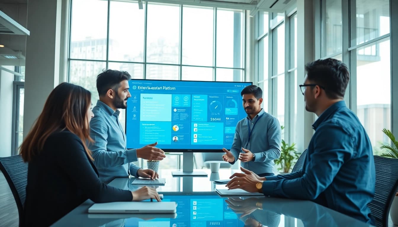 Team utilizing an enterprise assistant platform in a modern workspace setting.