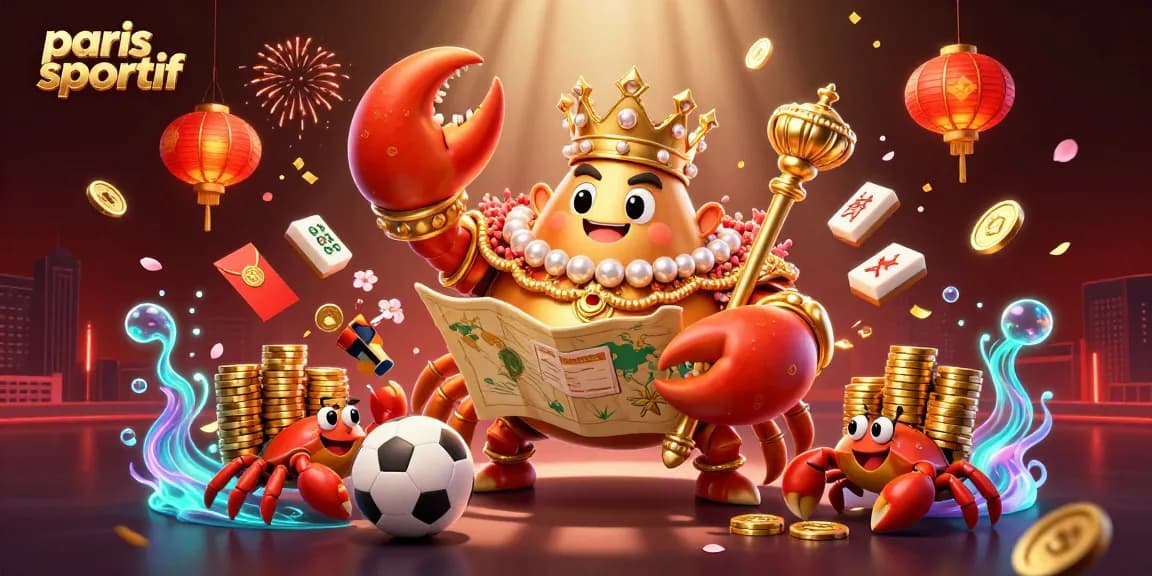 Plongez dans le monde des paris sportifs avec un crabe doré, des trophées et des billets de mise.