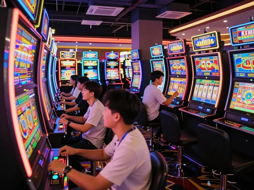 Players enjoying slot thailand games in a vibrant casino environment, colorful machines flashing and excitement filling the air.