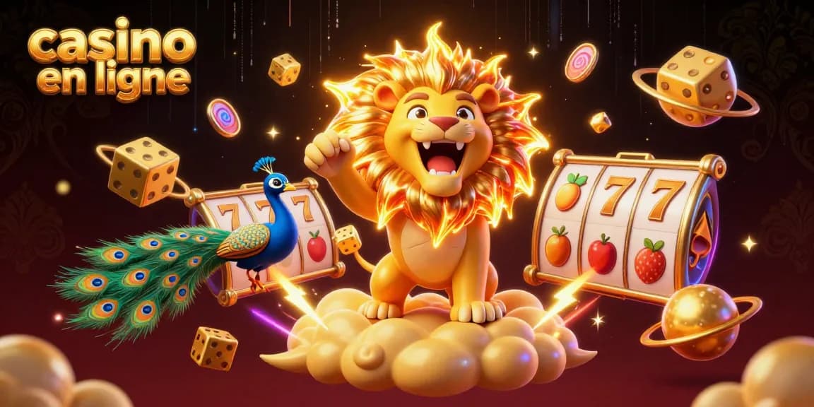 Jouez à casino en ligne avec un lion de soleil 3D victorieux au milieu de machines à sous dynamiques.