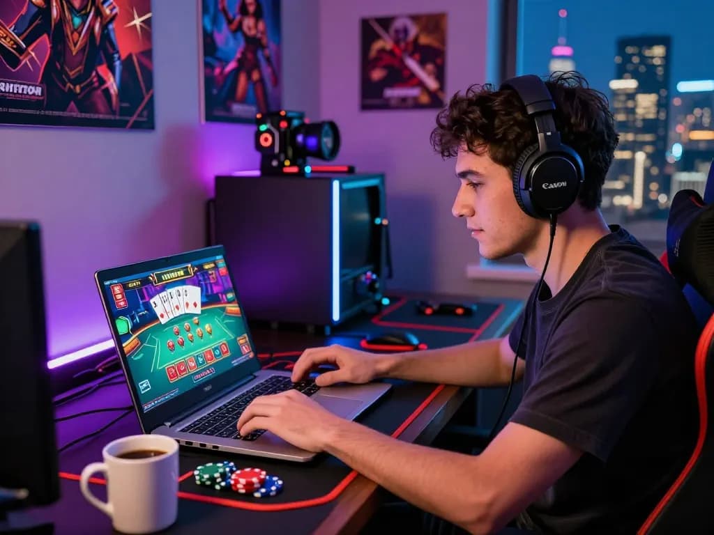 Engaging player enjoying 바카라사이트 on laptop in a vibrant gaming room with modern setup.