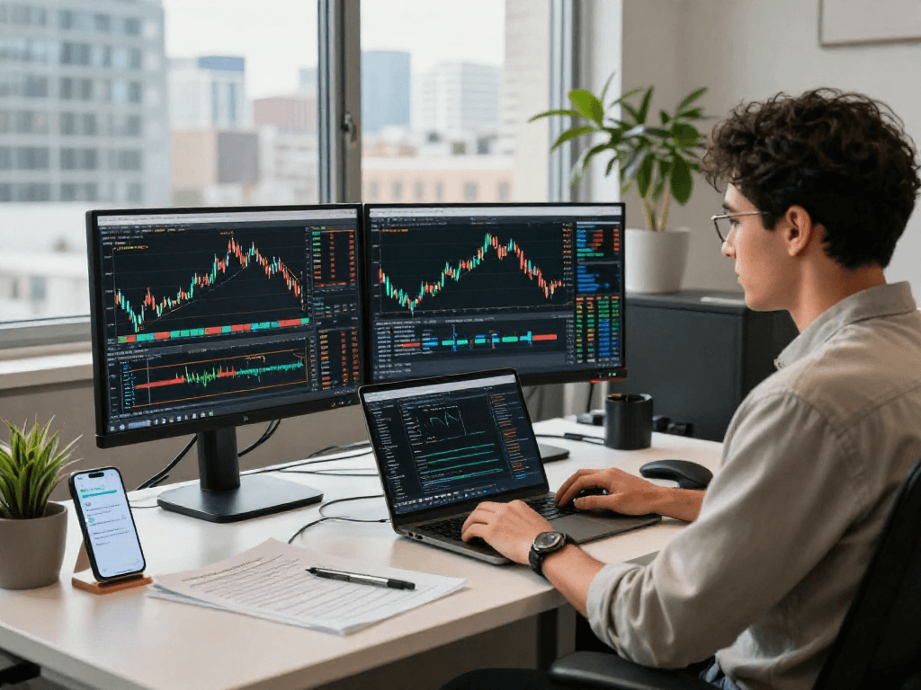 在TradingView官网使用专业工具的交易者在现代办公室中查看市场图表。