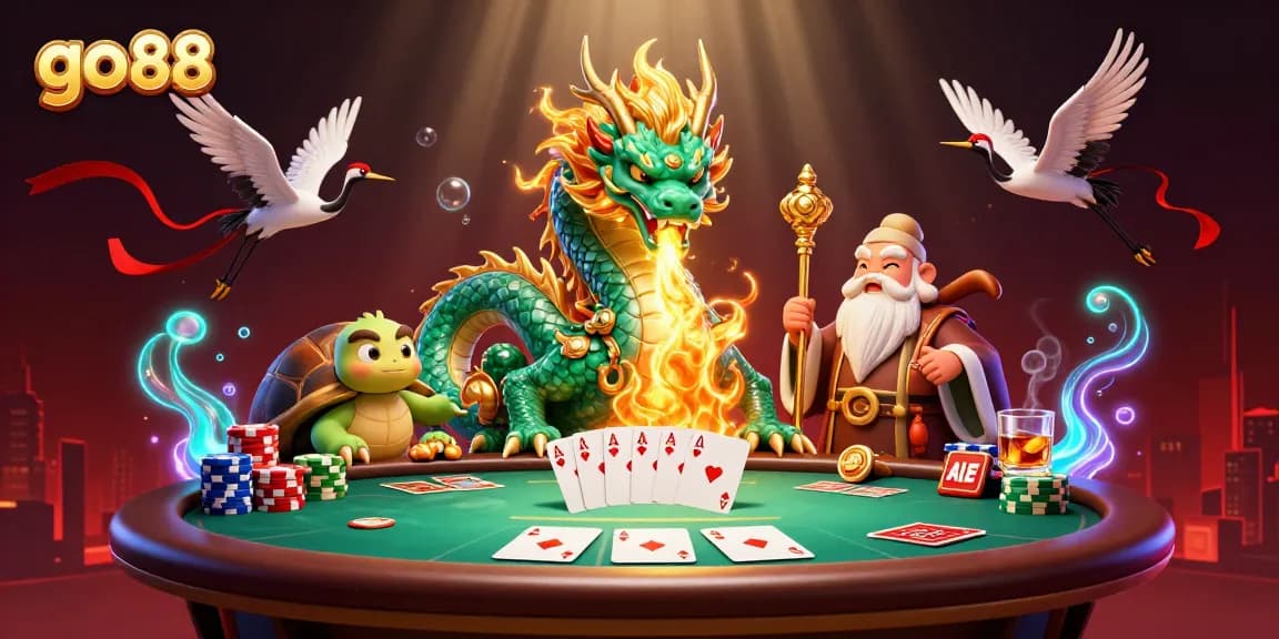 Engage with go 88 through a captivating 3D scene full of dragons, poker, and vibrant casino elements.