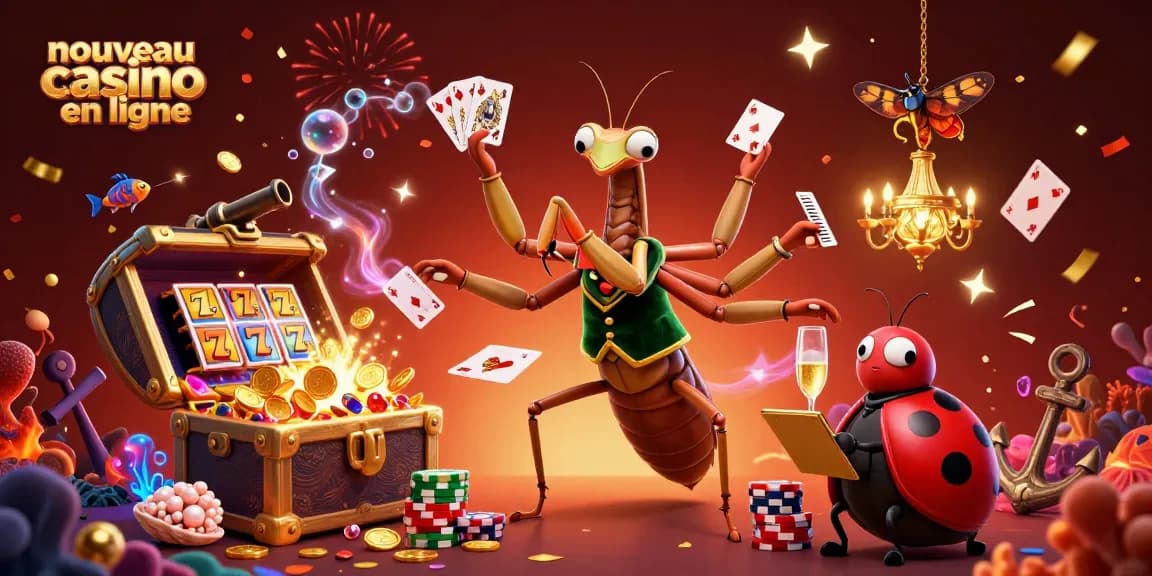 Une scène dynamique de casino en ligne avec un mante religieuse et un caméléon, mettant en avant un nouveau casino en ligne.