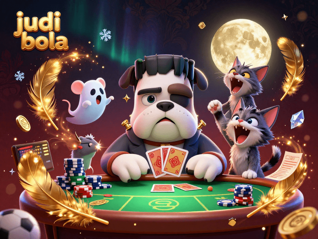 Bet on judi bola with a lively illustration featuring a sports betting scene of a Frankenstein bulldog and friends.