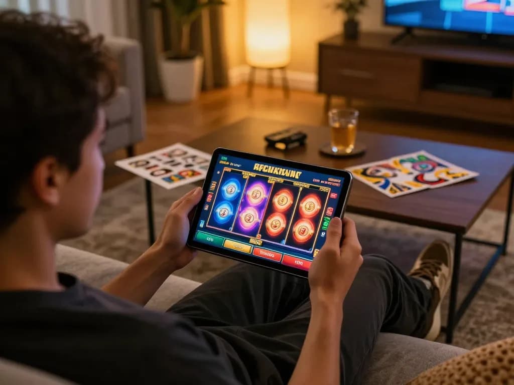 Engaged player using tablet for online slot gaming, colorful reels on screen showcasing excitement
