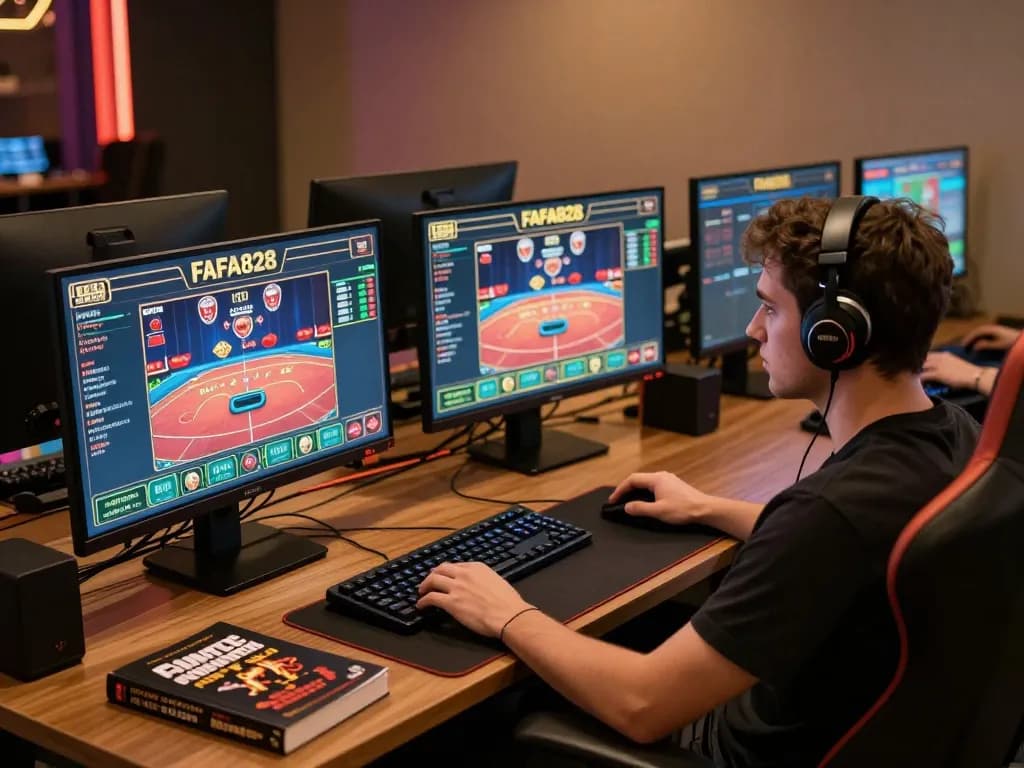 Player engaging with FAFA828 online casino games in a modern setup while focusing on strategy.