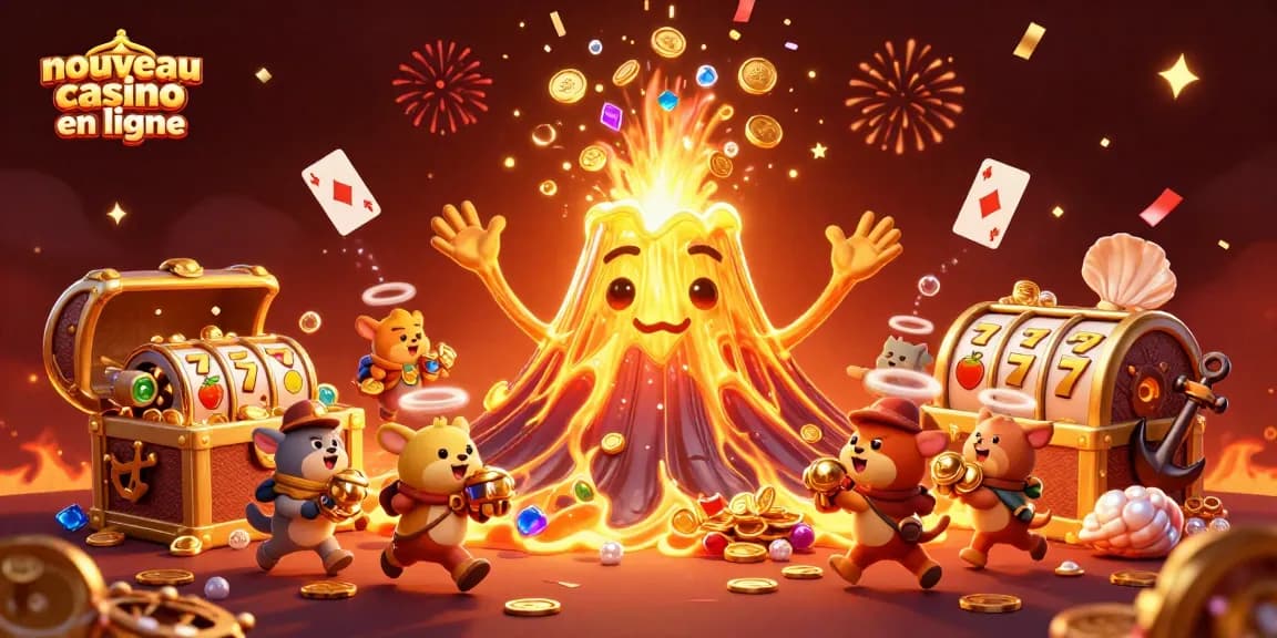 Image dynamique d'un nouveau casino en ligne avec un volcan doré, des trésors et des machines à sous.