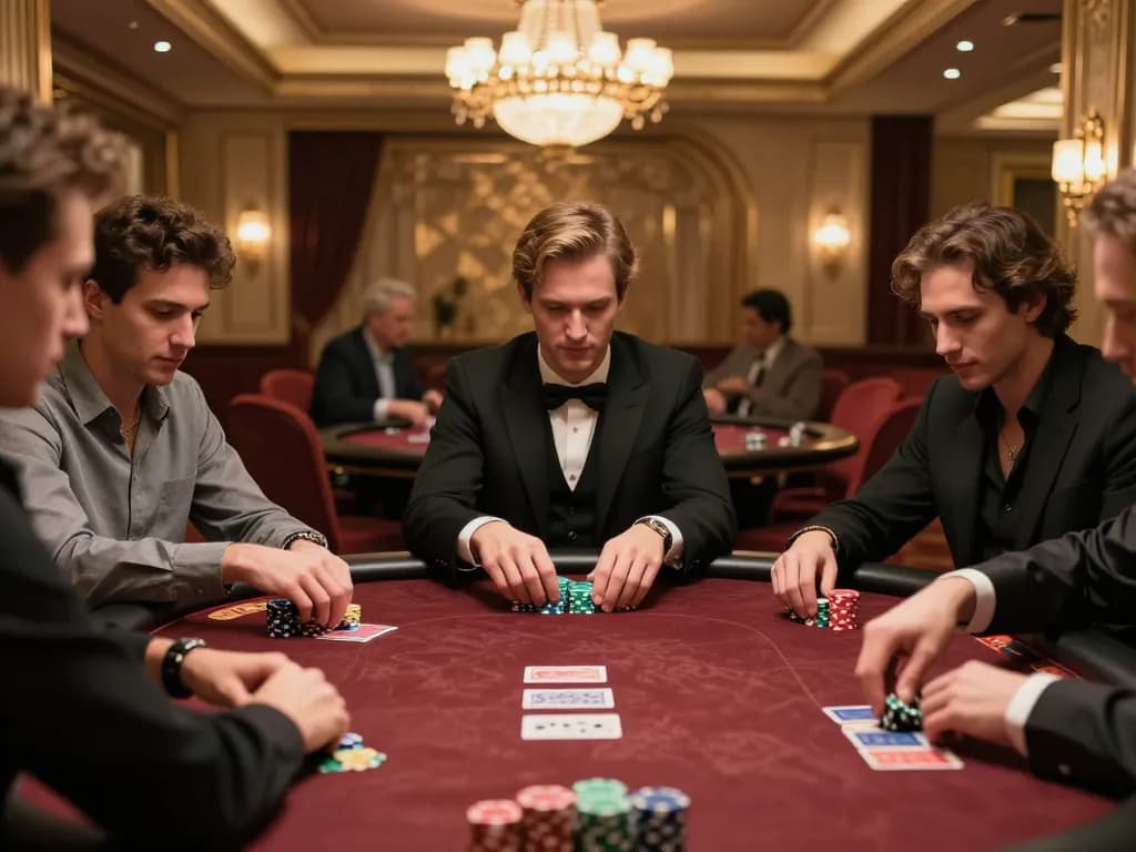 Melihat pemain merencanakan langkah mereka di meja poker taruhan tinggi paris888, menampilkan kompetisi yang intens.