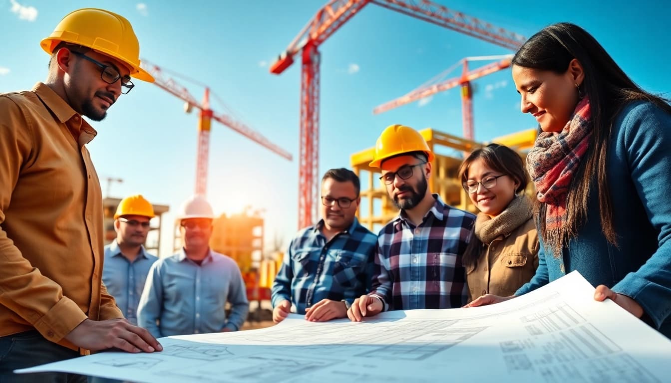 Team collaborating on construction advocacy plans amidst a vibrant construction site.