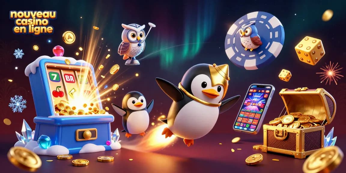 Une illustration 3D captivante du nouveau casino en ligne avec un pingouin doré voyageant vers un vaisseau spatial.