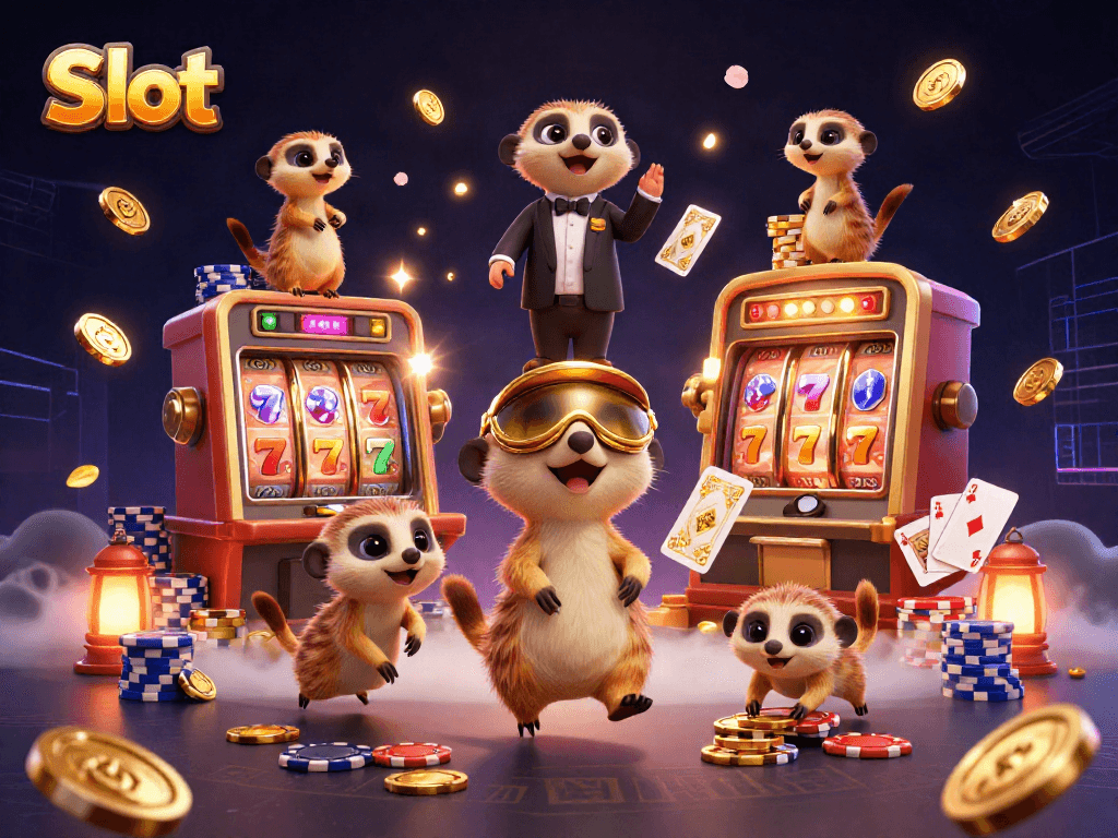 Experience thrilling Slot action with playful meerkats running a casino, showcasing vibrant chips and sparkling gems.