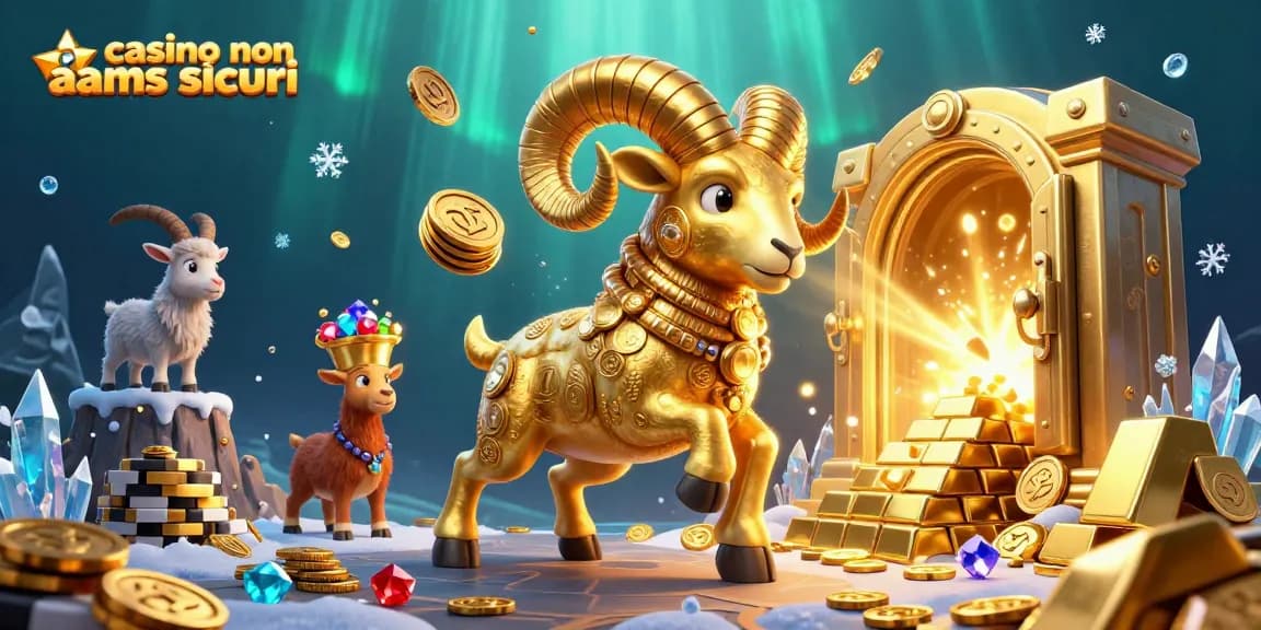 Gioca nei più sicuri casino non AAMS, con un'imponente scena animata di un ariete dorato simbolo di fortuna.