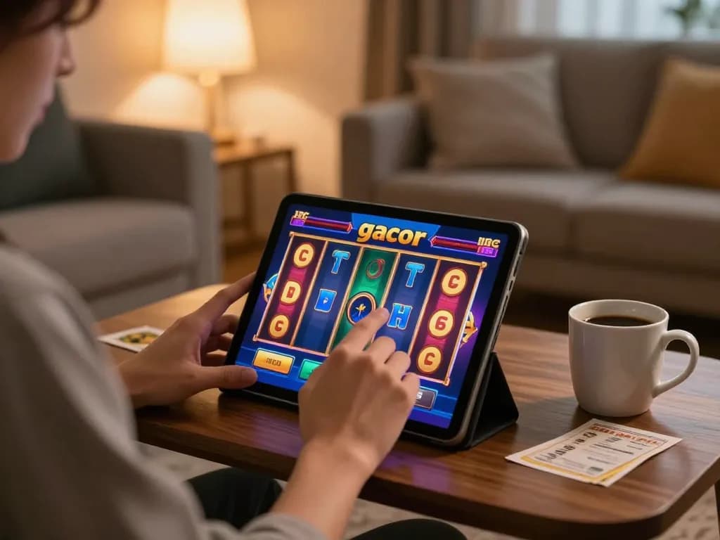 Play slot gacor on tablet in cozy home setting with colorful game interface and warm lighting.