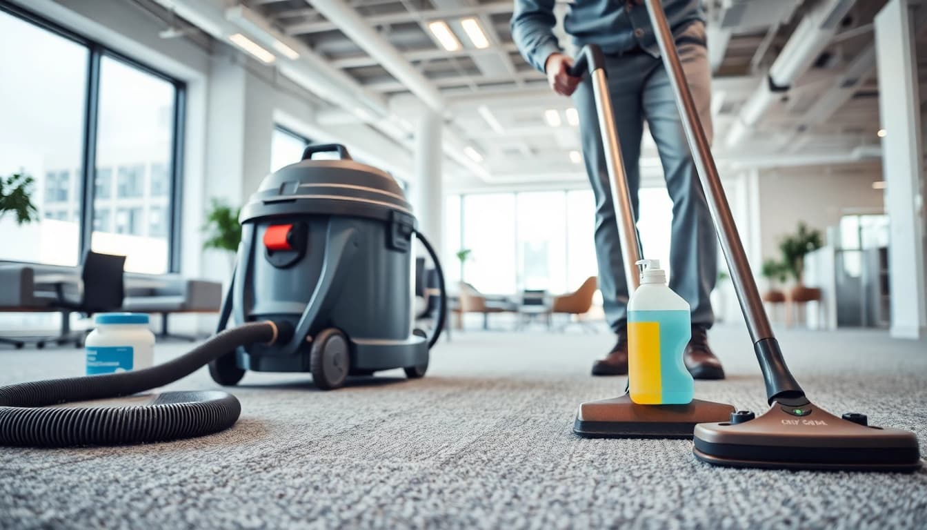 Technician performing commercial carpet cleaning in a bright office with modern furnishings.
