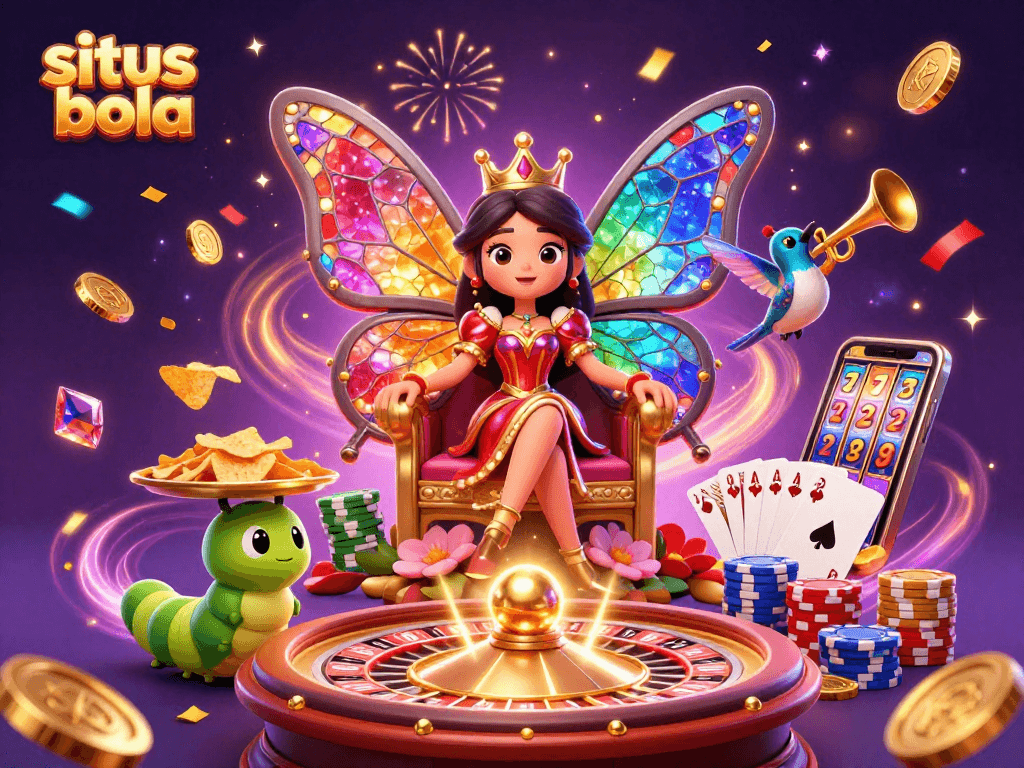Engage with situs bola in a vibrant 3D casino scene featuring a butterfly queen and dynamic gaming elements.