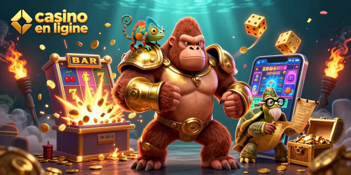 Gagnez avec des jackpots sur ce casino en ligne illustré par un gorille puissant et un caméléon.