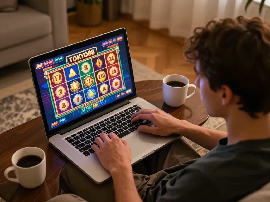 Pengalaman bermain game online TOKYO88 dengan pemain yang terlibat dalam permainan slot, menampilkan grafik yang hidup di layar laptop
