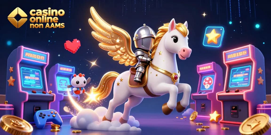 In un casinò online non AAMS, un cavallo bianco celestiale e un cavaliere coraggioso esplorano con giochi colorati e avventure in un universo fantasioso.