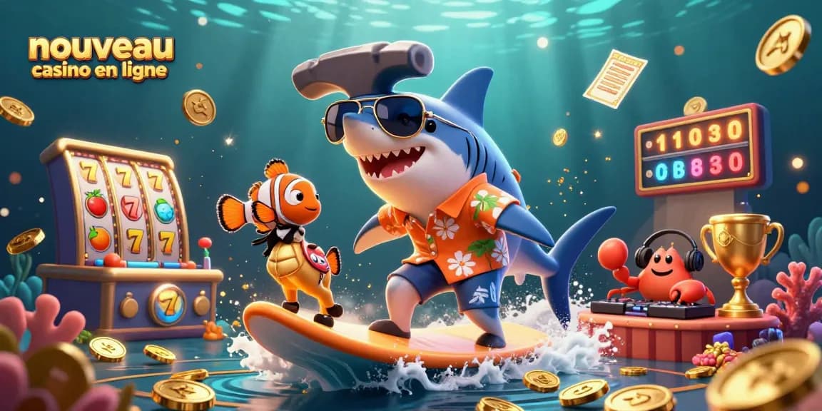 Nouveau casino en ligne : Le requin joue sur des rouleaux de machine à sous entourés de pièces d'or.