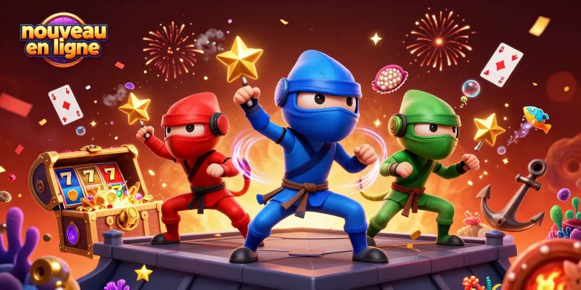 Découvrez le nouveau casino en ligne avec une illustration dynamique des ninjas caméléons et machines à sous colorées.