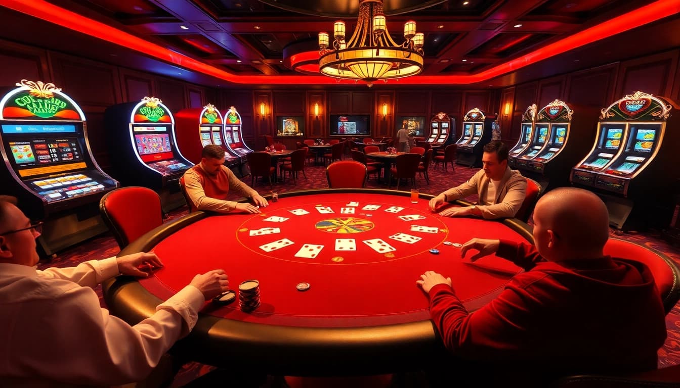 Scène captivante d'un casino en ligne fiable, présentant une table de poker luxueuse avec des jetons et des cartes vibrants.
