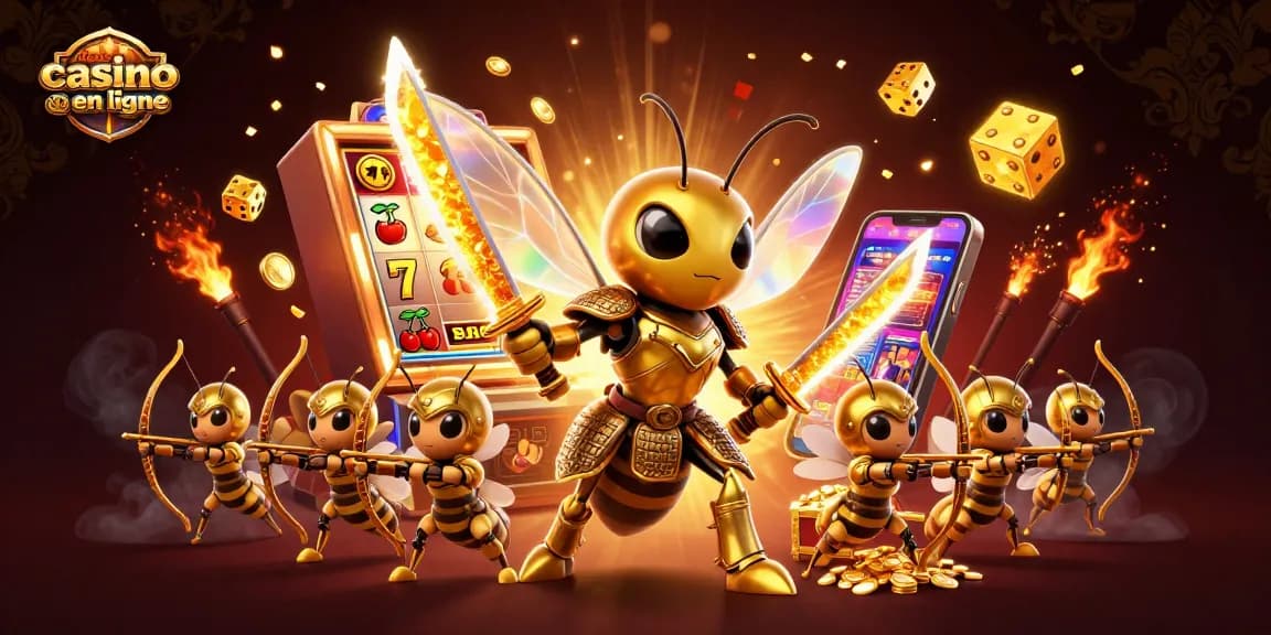 Jouez au nouveau casino en ligne avec des personnages lumineux et une machine à sous remplie de pièces d'or.