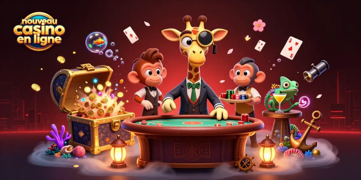 Jouez au nouveau casino en ligne avec une illustration dynamique de personnages de casino.