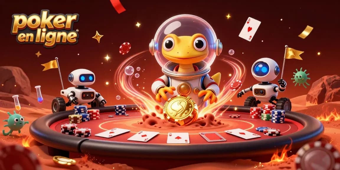 Jouer au poker en ligne dans une scène dynamique avec un gecko martien et des célébrations festives.