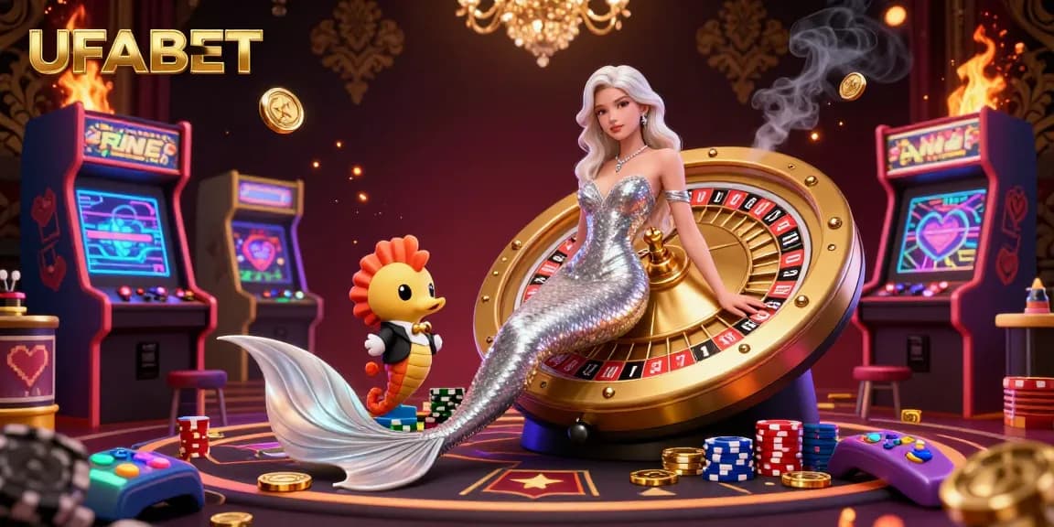 Experience thrilling casino action with UFABET, featuring a glamorous mermaid by a roulette wheel and vibrant game elements.
