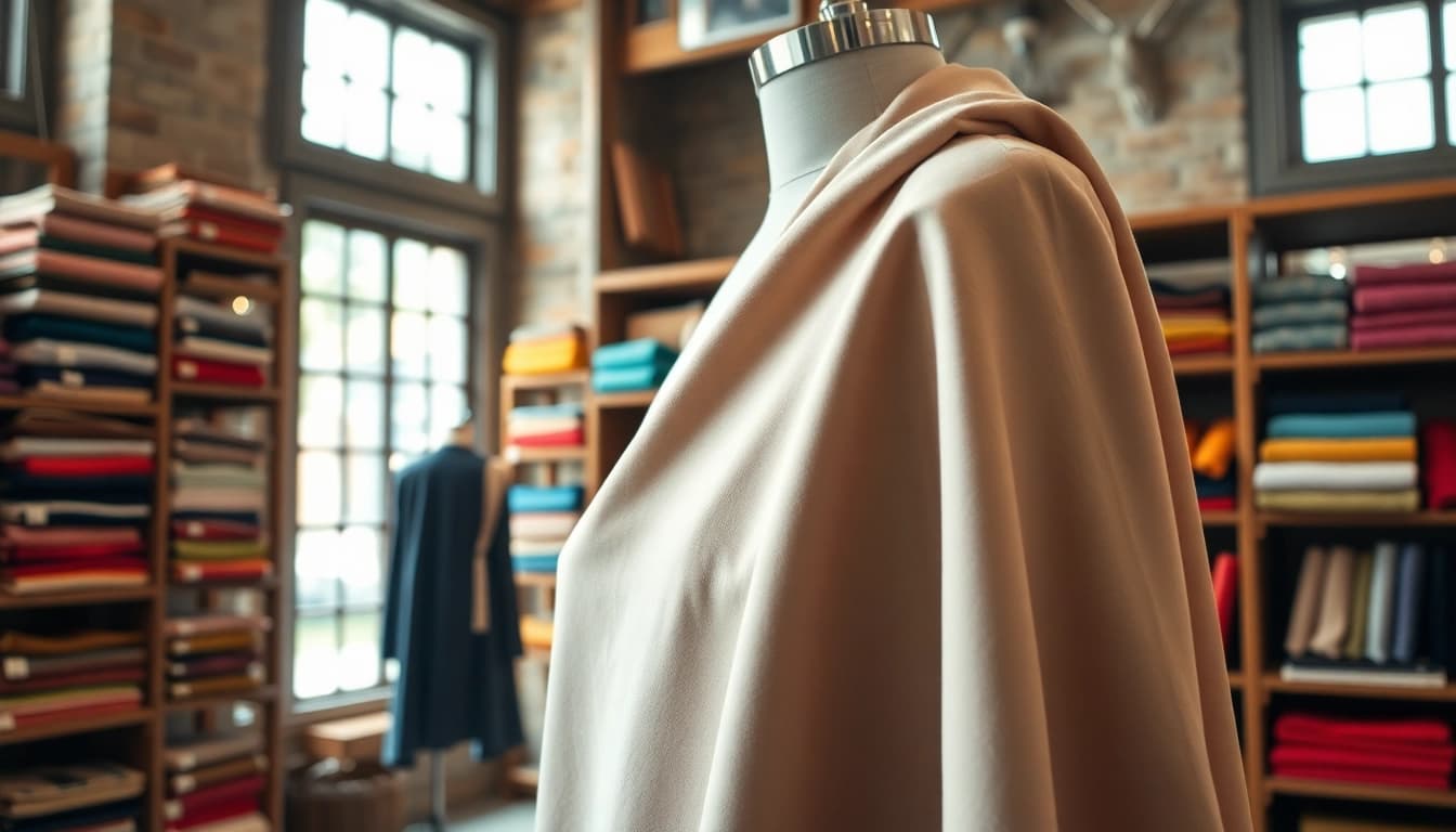 Punta di Roma stof prachtig uitgestald op een mannequin in een modeboetiek.