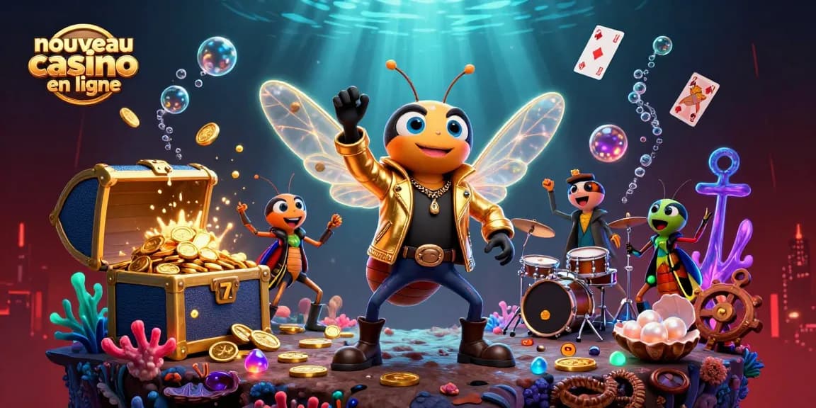 Illustration dynamique d'un nouveau casino en ligne avec une cigale rock star et des éléments de jeu scintillants