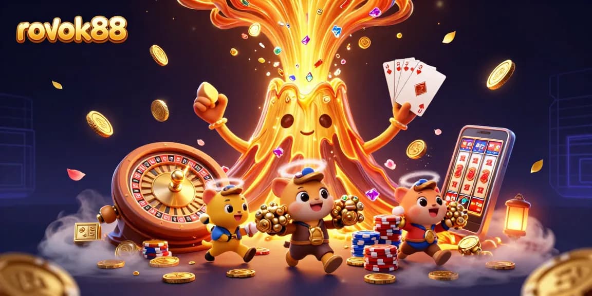 Engage with rokok88’s vibrant casino adventure featuring an erupting volcano of treasures.