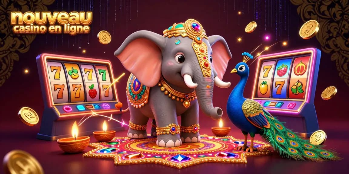 Découvrez le nouveau casino en ligne avec un éléphant décoré, des machines à sous et des lampes flottantes.