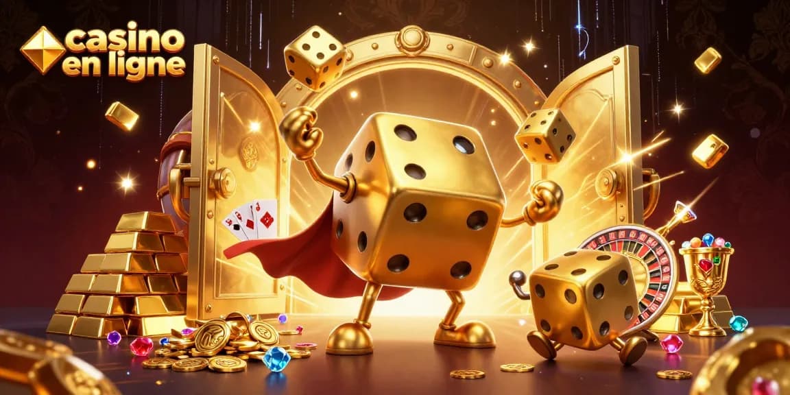 Jouez à des jeux passionnants sur un casino en ligne avec un golem de dés dorés entouré d'une richesse éclatante.