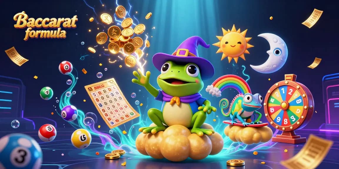 Engage with Baccarat formula strategies in a vibrant casino scene featuring a wizard frog and chameleon.