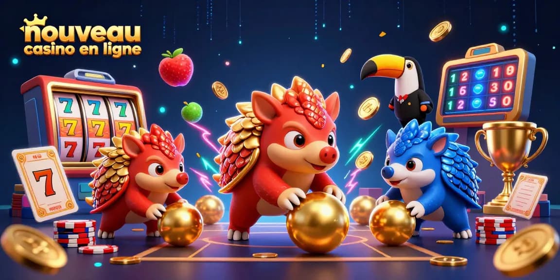 Illustrez un nouveau casino en ligne animé avec des pangolins rivaux au cœur de l'action.