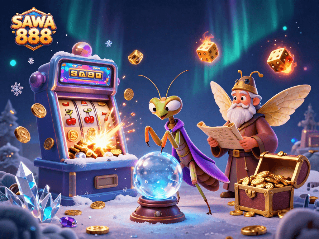Play thrilling slots and games on SAWA 888, surrounded by a magical scene featuring a praying mantis fortune teller and more!