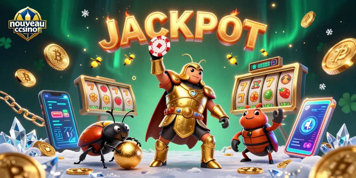 Ce nouveau casino en ligne présente un scarabée Hercule en armure dorée célébrant un jackpot.