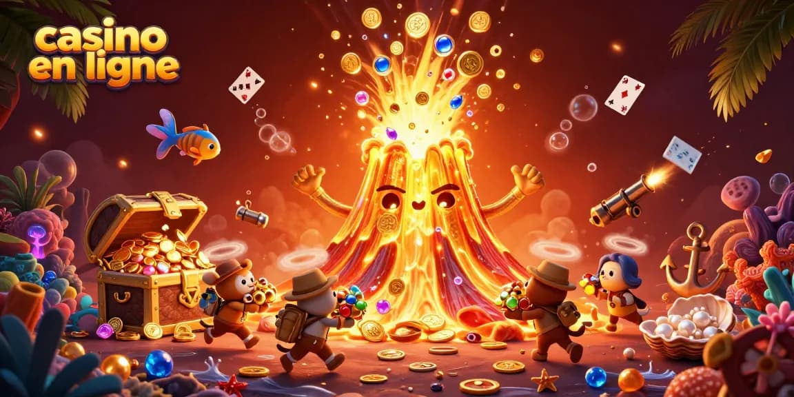 Plongez dans l'univers captivant du casino en ligne avec une illustration dynamique remplie de trésors et d'animations.