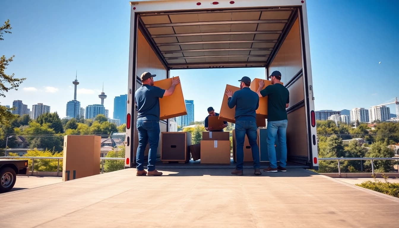 Team of movers working diligently for a moving company Vancouver amidst a scenic city backdrop.