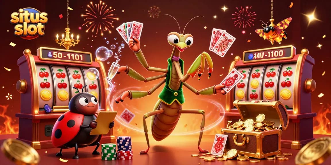 Permainan situs slot yang menarik dengan karakter kartun dalam suasana kasino penuh warna dan detail