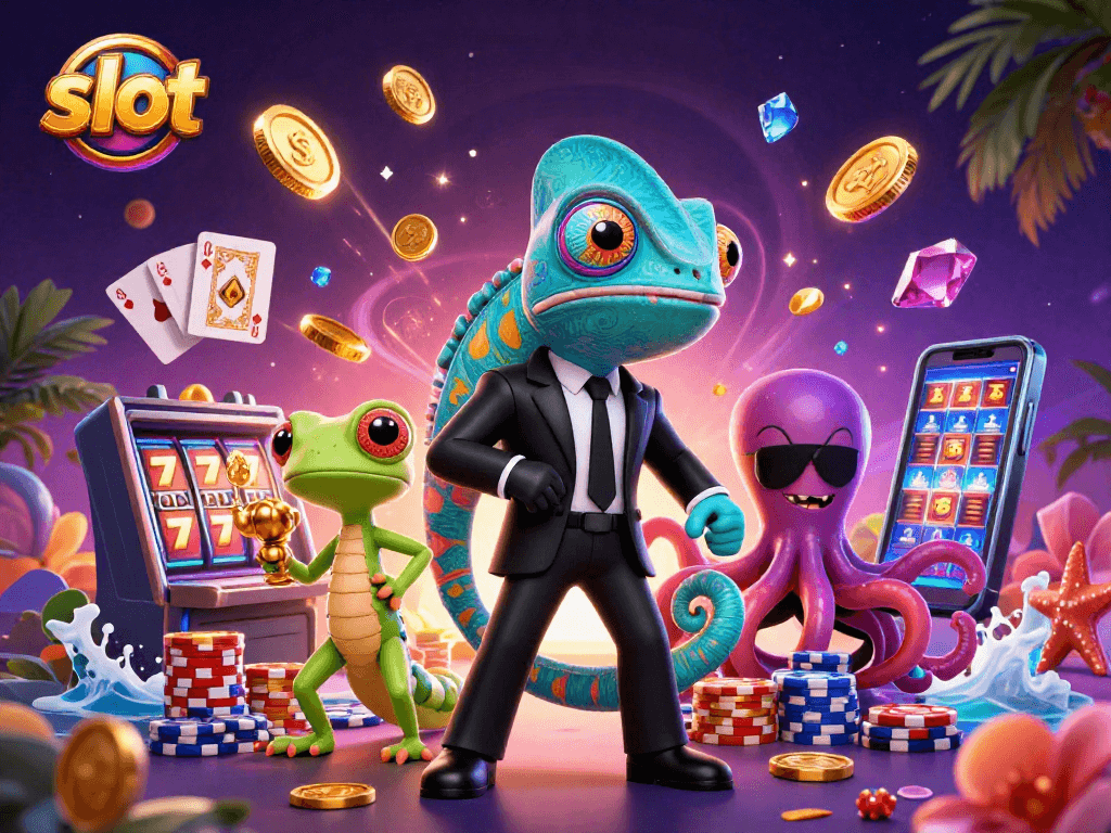 Slot menampilkan agen rahasia kadal dan gecko bersinar di dalam kasino yang penuh harta.