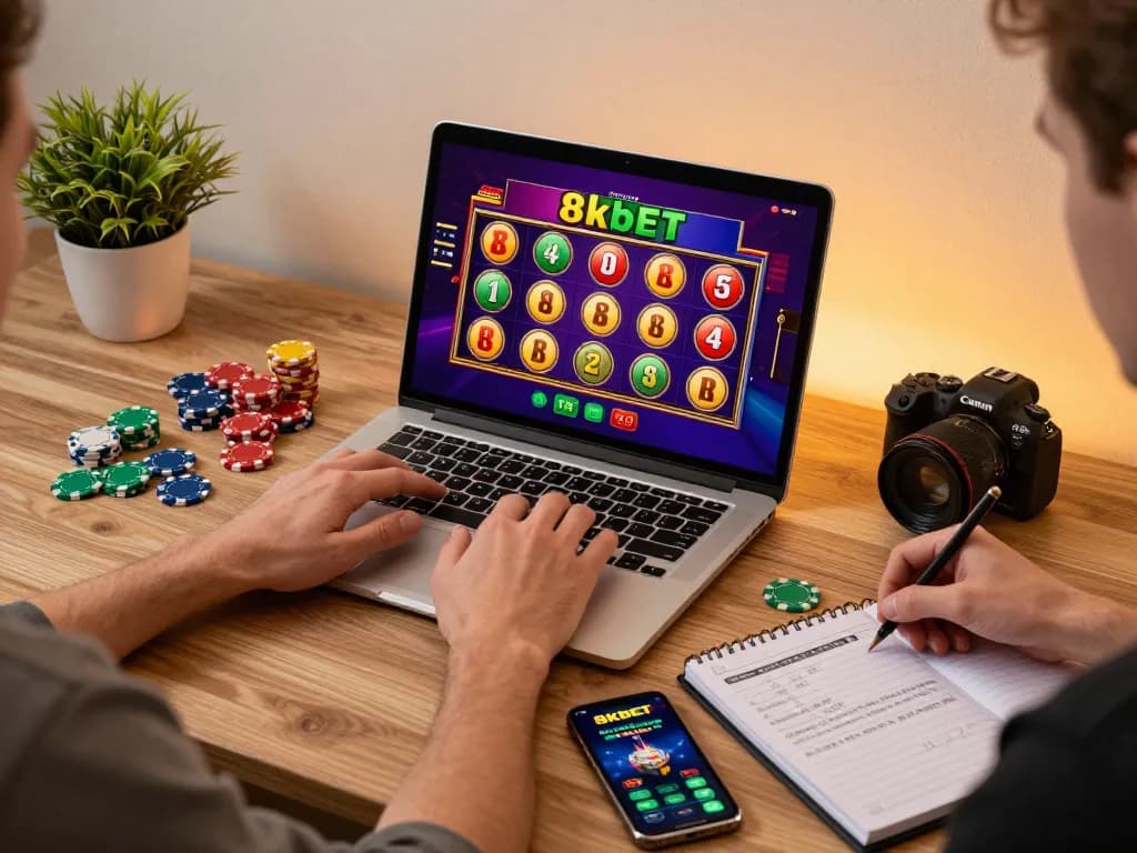 Engaging scene with a player enjoying 8kbet slot games on a laptop, chips, and strategies in view.