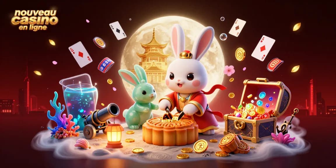 Illustration dynamique de "nouveau casino en ligne" avec un lapin de lune chinois, des éléments de jeu et une ambiance luxueuse.