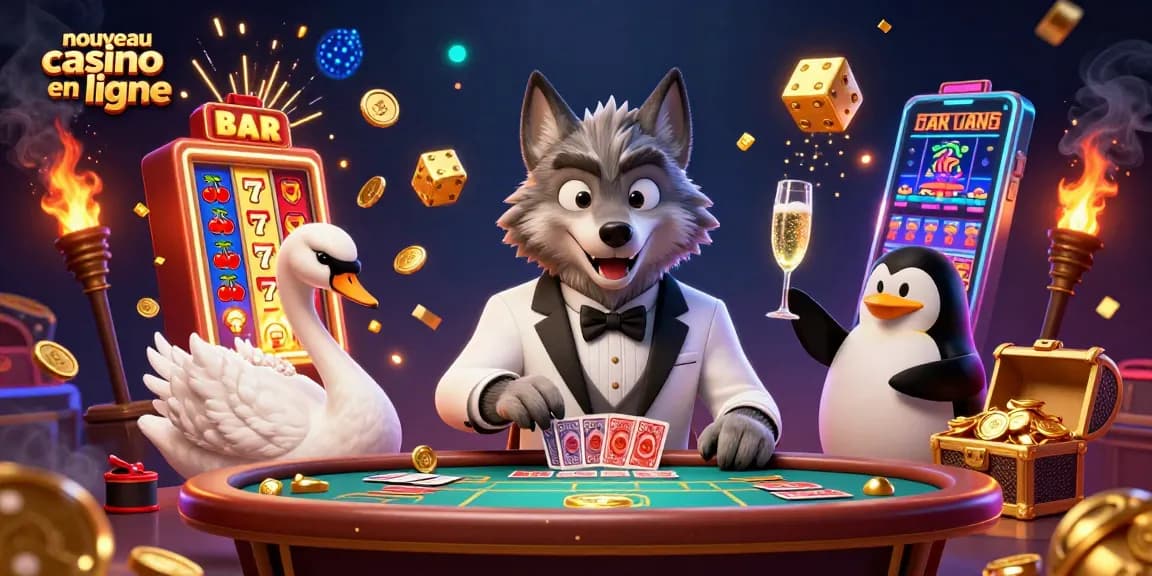 L'illustration d'un nouveau casino en ligne rassemble un loup élégant, un cygne et un pingouin autour d'une table de baccarat.