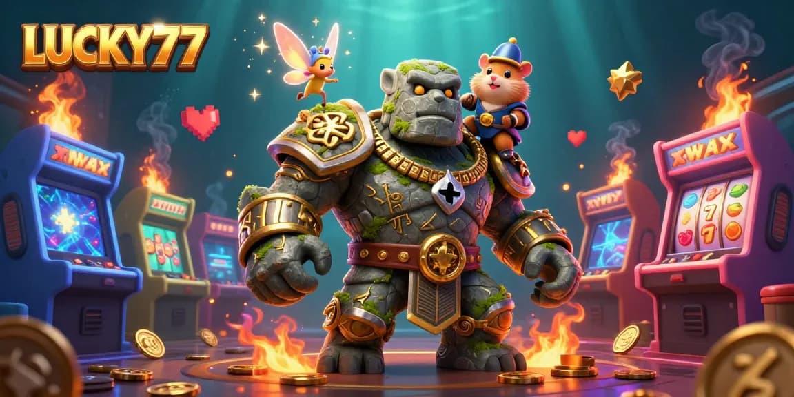 Spin the lucky slots with LUCKY77 as a magical golem, fairy, and hamster bring fortune.