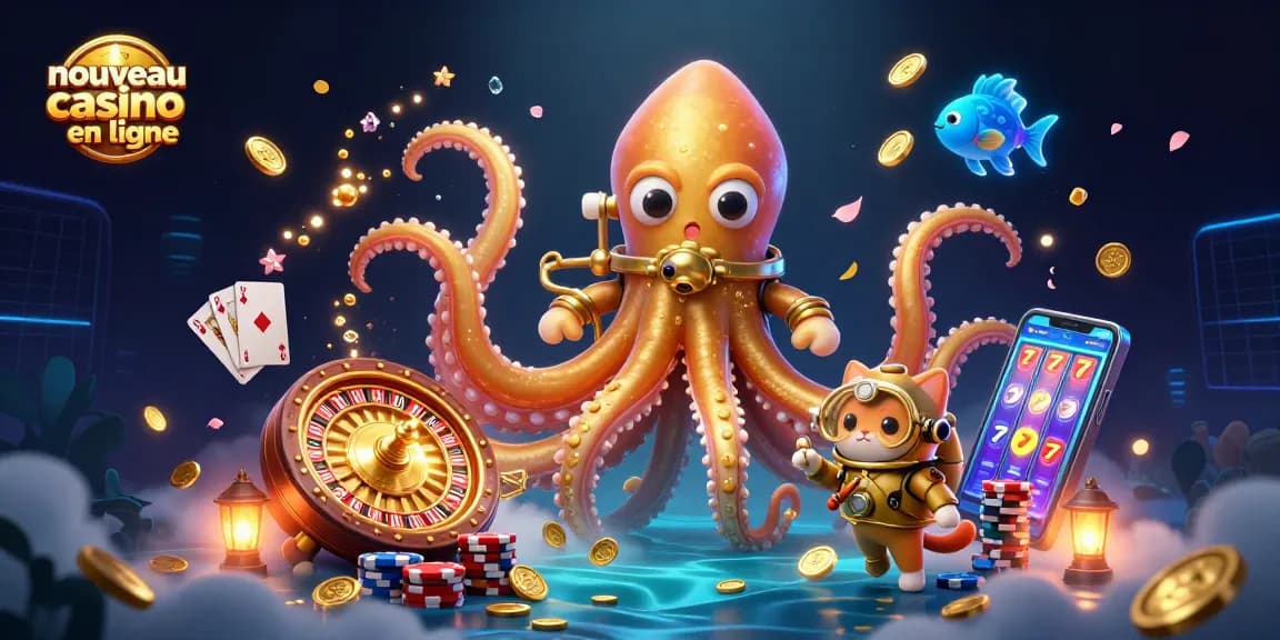 Jouez au nouveau casino en ligne avec une illustration d'une scène animée de jeux de cartes et de pièces d'or.