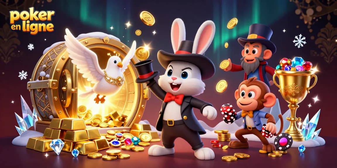Jouez au poker en ligne avec des personnages animés dans un décor riche et festif.