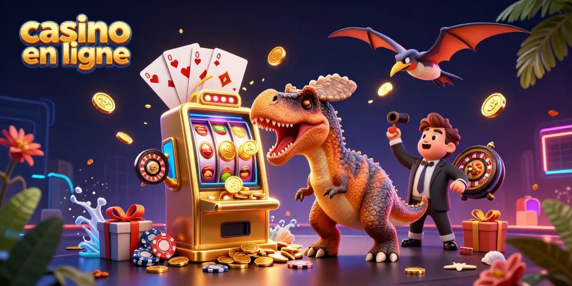 Le casino en ligne, avec un dinosaure jouant aux machines à sous et une pluie de pièces d'or.